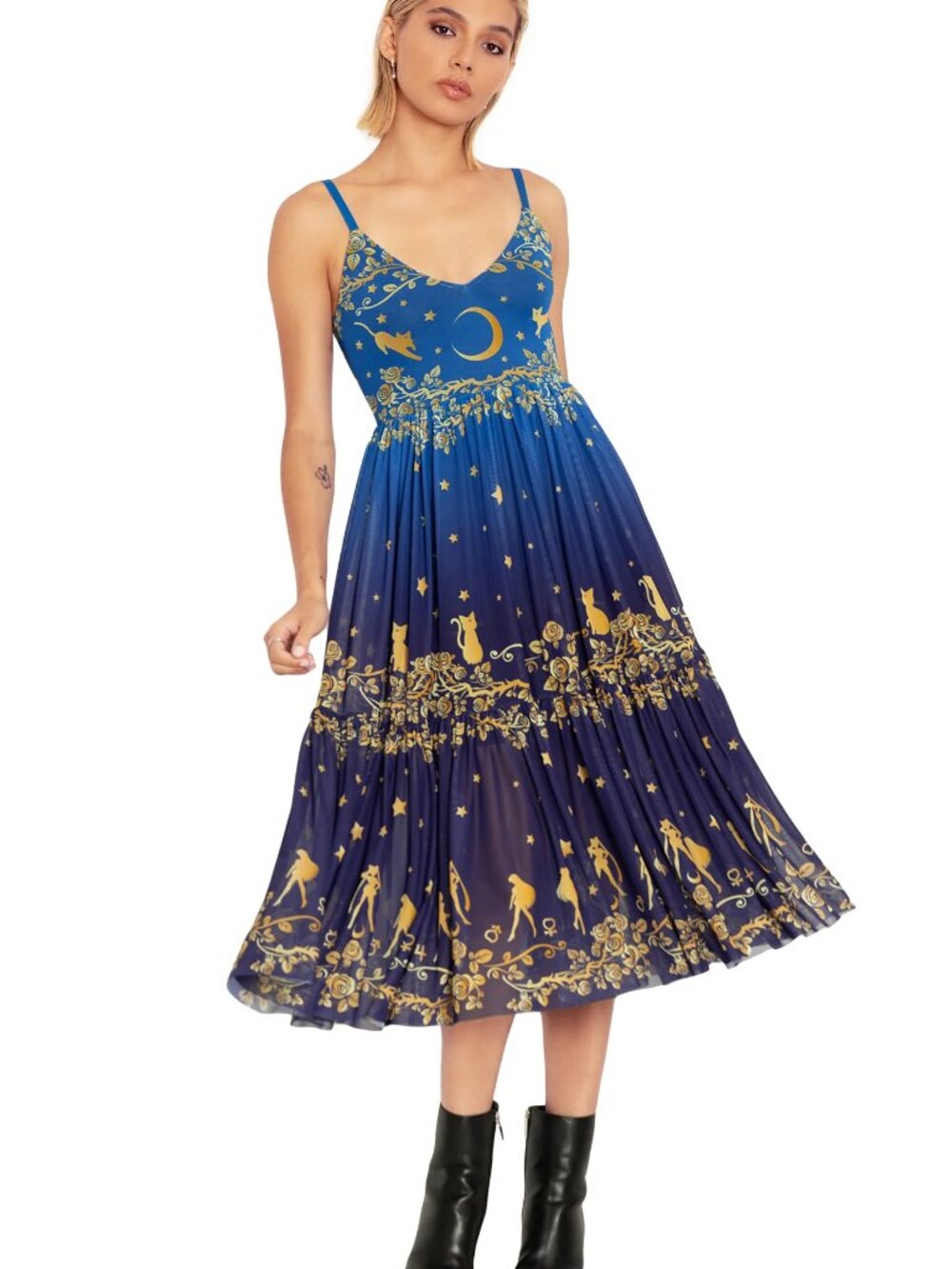 Blackmilk - Blue and Gold Sailor Guardians Stars Sheer Midaxi Dress - Size Large